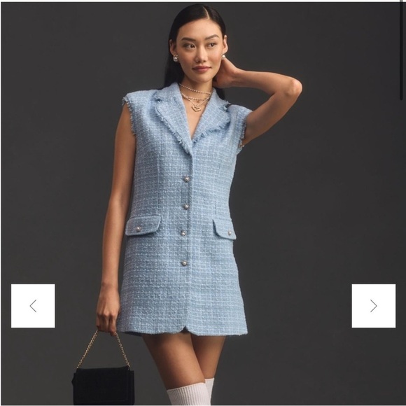Anthropologie Maeve Sleeveless Tweed Blazer Mini Dress Light Blue Sz 6 NEW - Picture 4 of 14